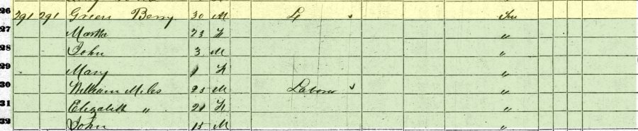 1860 Warren Co TN census for Green A Berry family